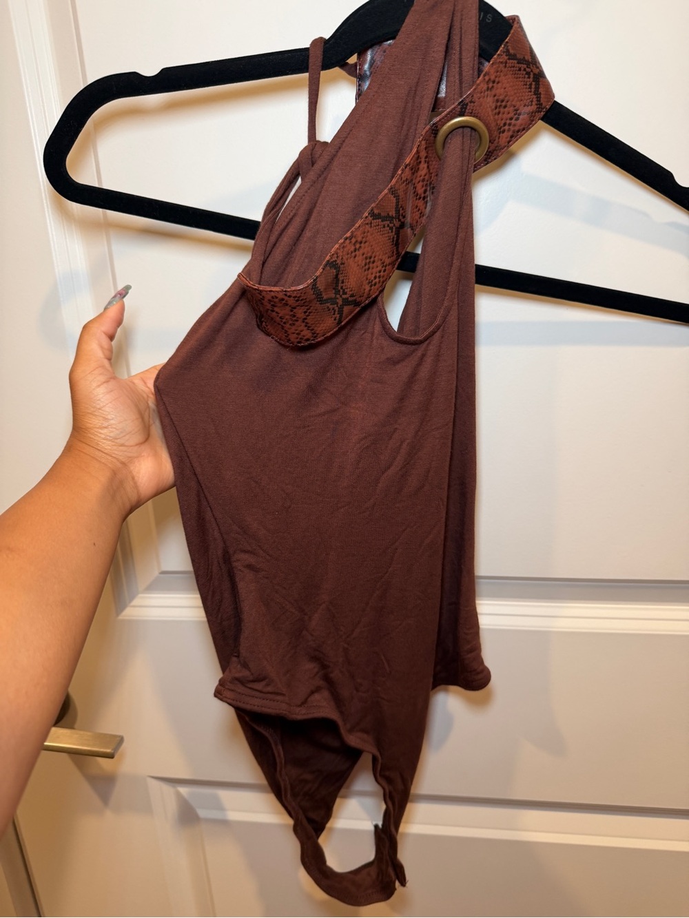 Fashion Nova Brown Halter Bodysuit with Snake-Print Strap